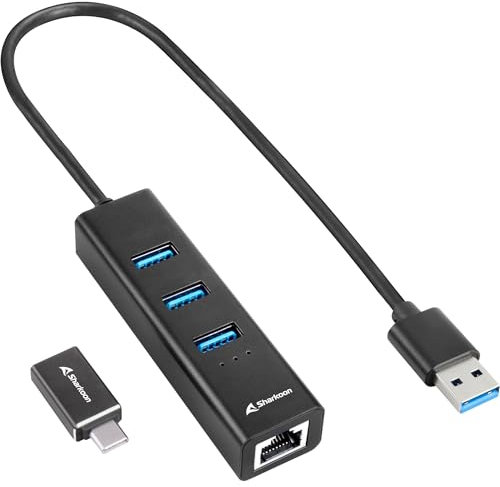Sharkoon Hub de Aluminio de 3 Puertos USB 3.2 Gen 1, Adaptador RJ45 Ethernet, Negro