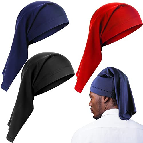 3 Pack Long Braided Dreadlock Cap with Satin Lining Full Coverage Dreadlocks Night Cap, Navy, Red, Black, approx. 20 inches in length