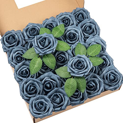 DuHouse 25 rose artificiali con steli veri fiori in schiuma per bouquet da sposa fai da te, centrotavola per feste e feste e decorazioni per la casa (blu scuro)