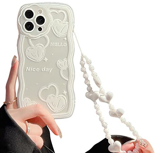 NITITOP Compatible for iPhone 13 Pro Max Case, Cute Oil Painting Love Pattern with Heart Beaded Lanyard Wrist Strap for Women Girls, Soft TPU Full Protective Cover- White Heart