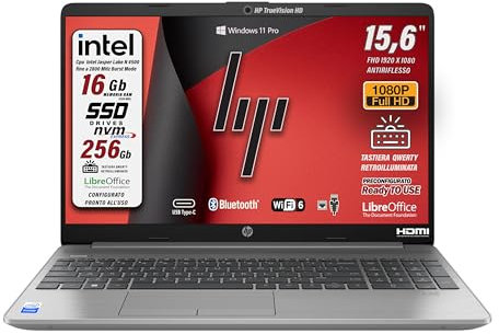 HP 250 G9 Computer portatile, RAM 16 Gb DDR4, (15.6) FHD 1920 x 1080 Intel N4500, SSD Pci 256 Gb,Tastiera retroilluminata, Wi-Fi, BT, Lan, Win 11 Pro, Libre Office, Pronto all'uso, garanzia Italia