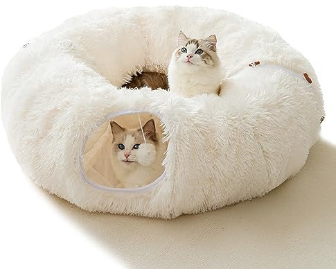 HIPIPET Winter-Plüsch-Katzentunnel mit Katzenbett für Indoor-Katzen, multifunktionales Katzenspielzeug für kleine, mittelgroße und große Katzen. (weiß)