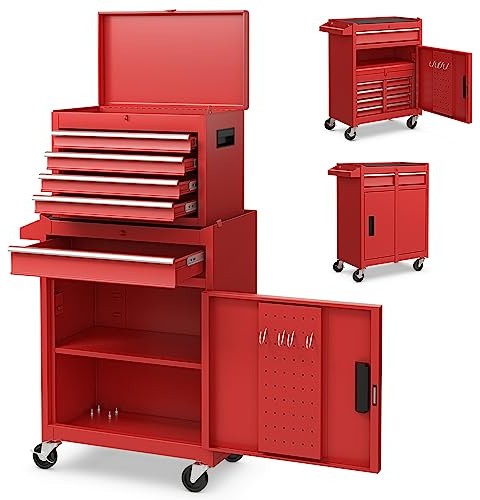 TANGZON Lockable Tool Cabinet, Rolling Tool Chest Combo with Wheels, Drawers, Hooks & Side Handle, Detachable Garage Workshop Tool Cart Trolley (without Middle Compartment, Red)