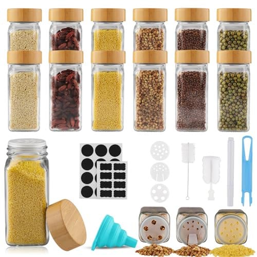 Vexillic Barattoli Spezie, 12pcs Contenitori Spezie 120ml Barattoli Porta Spezie con Coperchi in Bambù Vasetti Spezie Vetro con Setaccio Etichette Spazzola Lmbuto