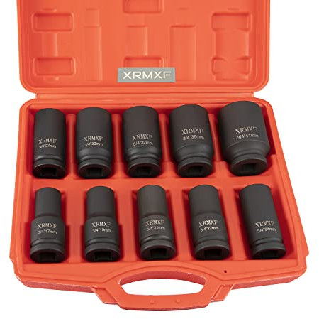XRMXF 3/4 Ensemble de douilles à chocs profondes, 10 pièces, 6 points, tailles métriques 17mm-41mm Écrou à impact, Jeu de douilles à chocs profonds Drive, longueur de 80 mm.