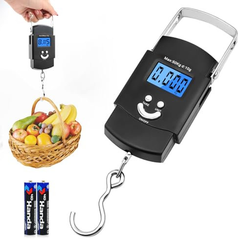 VFANDV Portátil Balanza Escala, 110 LB/50KG Báscula de Equipaje Digital con Gancho Balanza de Pescado con Pantalla LCD Retroiluminada Bascula Digital para Vida Compras Exterior