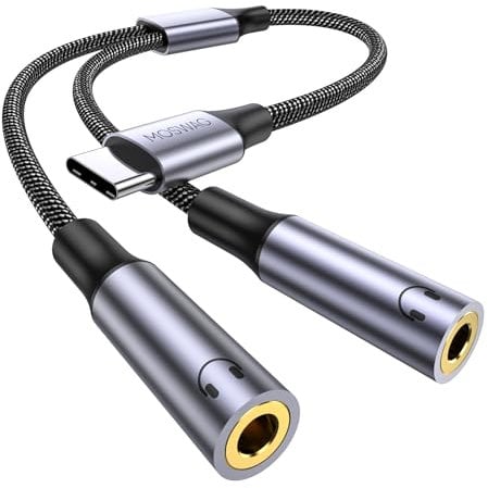 MOSWAG Adaptador Jack Micro y Auriculares, Adaptador Micrófono y Audio de Auriculares USB C a 1 Macho a 2 Hembra Minijack Y Splitter para Laptop, Galaxy S24 S23 S22/iPhone 16 Pro MAX /16 Pro /16 Plus