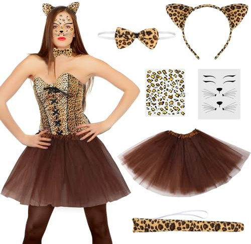 Hestya Leopard Kostüme Set Leopard Cosplay Accessoires Leoparden Tier Haarreif Krawatte Leopardenschwanz Tutu Rock Leoparden Gesichtsaufkleber für Geburtstag Zubehör Karneval