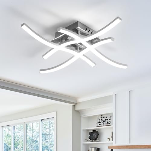 Dorlink Deckenlampe LED Modern, Deckenlampe Schlafzimmer 24W 2160LM, Lampe Wohnzimmer 6500K, Art Deco Wellen Esstischlampe, 4 Lichter Flurlampe Decke, Silber LED Deckenlampe für Küche, Ø46CM