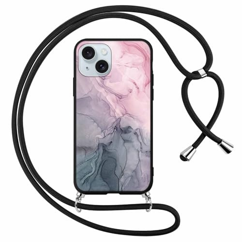Foonary Handyband Hülle mit Band für iPhone 15 6,1 Handyhülle, Aesthetic Design Kette Necklace Case mit Kordel zum Umhängen Silikon Bumper Schutzhülle Cover Schnur für iPhone 15, Marmor 4