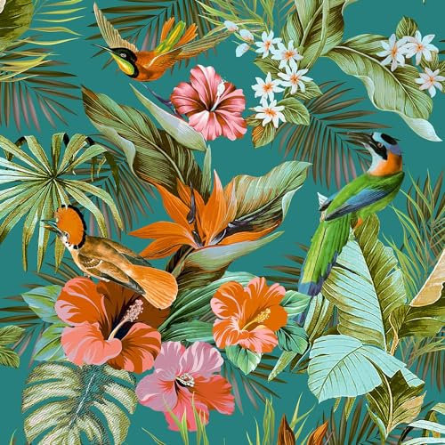 Tropical Paradise Birds Teal Multi Wallpaper - Flowers Botanical Leaves Naturistic - Luxury Textured Heavyweight Vinyl