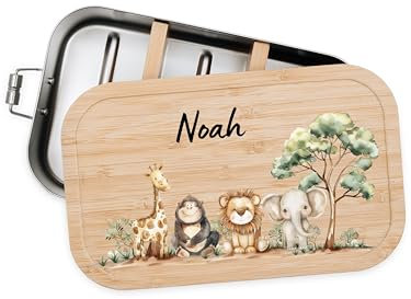 Bärenfreunde® - Personalisierte Brotdose für Kinder mit Spezial-Druck - Robuste Edelstahl Brotdose - Personalisierte Geschenke für Kinder & Erwachsene (Safari Tiere,GROSS Edelstahl)