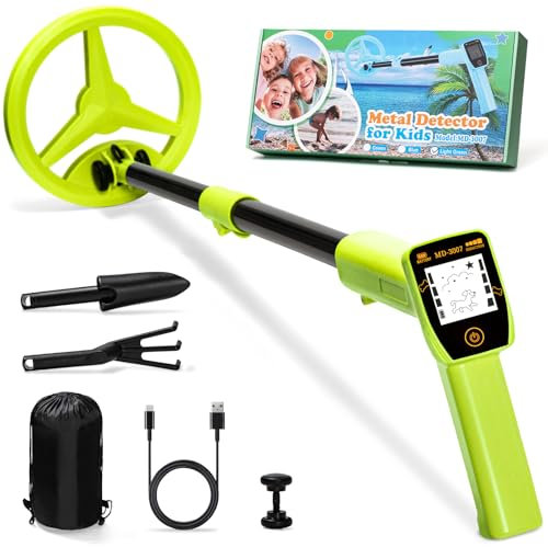 Metalldetektor Kinder, Smofrees Über USB Wiederaufladbarer Kleiner Kinder Metalldetektor, Verstellbarer 60-86cm Tragbarer metalldetektor mit lustigem LCD-Display für die Erkundung im Freien, Lichtgrün