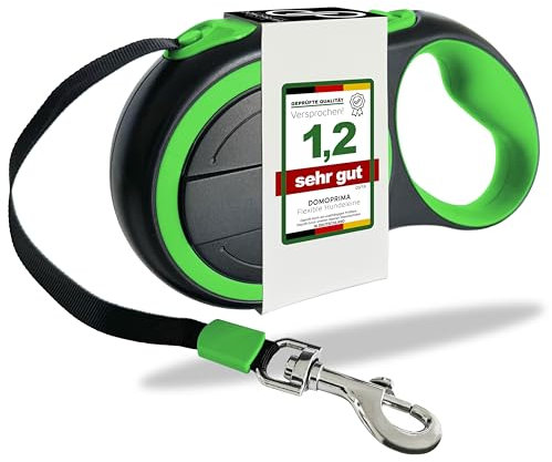 DOMOPRIMA Rollleine in 3 Größen (S,M,L) und 4 Farben (grau, blau, grün, pink) - Robuste und sichere Hundeleine für Ihren Vierbeiner. Flexible Leine mit Reflektor-Gurt. (Grün, S)