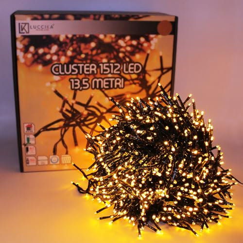 Luccika, Luci a Grappolo Cluster Oro, 13,5 Metri, 1512 LED da Ø 3mm, Catena Luminosa per Albero di Natale, 4 Effetti di Luce, Telecomando, Timer, Cavo Verde IP44, Uso Interno/Esterno