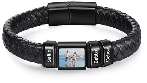 ALBERTBAND Personalisierte Armbänder für Männer Lederarmband mit Namen Foto Gravur Geschenke für Männer Papa Ehemann Freund Großvater (Schwarz-3 name)