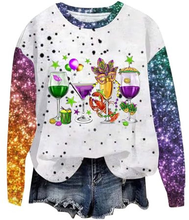 FGVFCS Damen Mardi Gras Tops Gestreifte Patchwork Sweatshirts Lustiger Zwerg Karneval Maske Bedruckter Pullover Langarm Rundhals Pullover Party Urlaub Club Sweatshirt Outwear, 07, mehrfarbig, XL