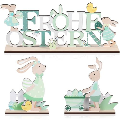 Namalu 3 Stück Deko Aufsteller für Ostern Frohe Ostern Osterdekoration Aufsteller mit Schriftzug und Osterhase Ostereier Blumen Holz Hase Figuren für Osterdeko Tischdeko Frühling(Grün)