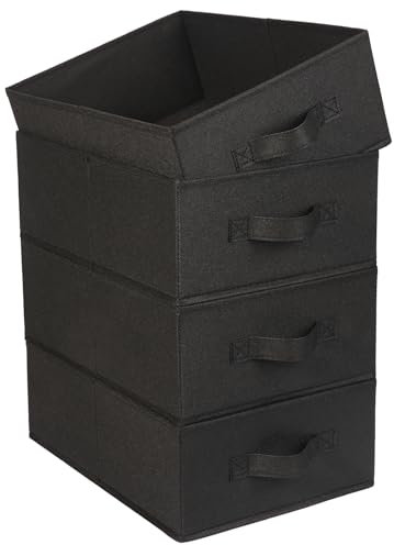 OVAKIA Fabric Storage Box, Foldable Wardrobe Clothes Organiser Boxes with Handle for Shelves Drawer Underwear Bras Socks Toys, Pack of 4 (Black)