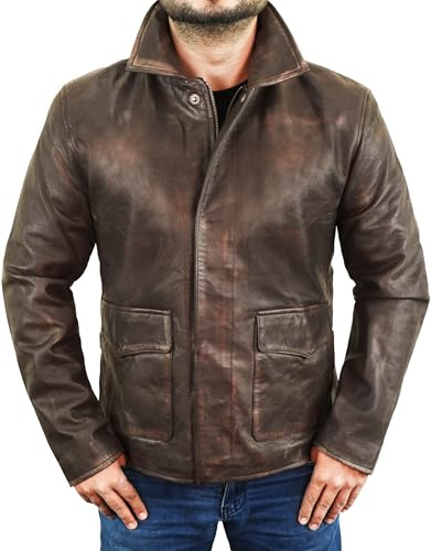 STOREJEES Braune Lederjacke für Herren, Vintage-Kragen, Used-Stil, Motorradjacke aus Leder