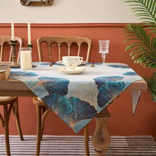 Kiatuniya Tischdecke Modern Blau Grün Petrol Gold Ginkgo Biloba Herbst Tischtuch Wohnzimmer Deko Eckig Mitteldecke Tischdecken Türkis Vintage Tischtuch für Küchentisch Esstisch 100x100cm