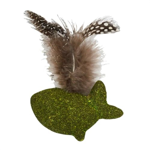 Jack and Vanilla, Interaktives Delfin-Katzenspielzeug mit Federn, Stimuliert den Jagdinstinkt, 7 cm, Grün/Braun, Integrierte Katzenminze, Kräutermodell