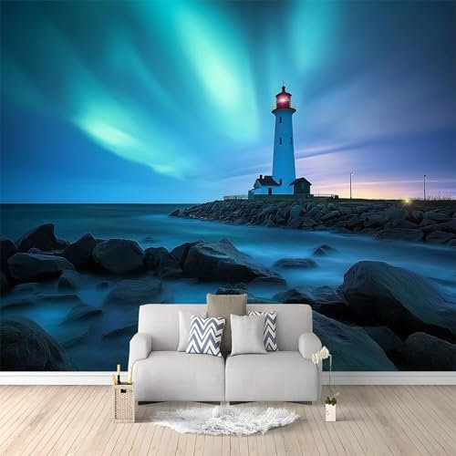 Vlies Fototapete Fotografie Leuchtturm Von Port Coulon Nordlichter Wandbilder Tapete 200 x 140 cm Art Fototapete Blaugrün Tapeten, für Wohnzimmer Schlafzimmer Kinderzimmer Wandtapete