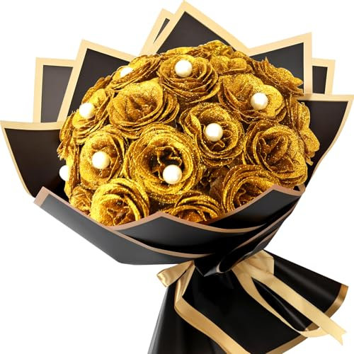 LARDUX 24 Stück goldener Glitzer-Rosenstrauß, Valentinstag, künstliche Rosensträuße, DIY künstliche Glitzer-Blumensträuße mit Krone für Geschenke, Hochzeit, Jahrestag, Verlobung, Geburtstag, Muttertag
