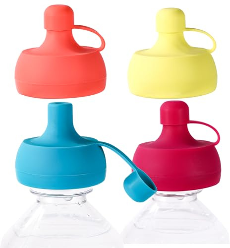 Lyreh Lot de 4 Universels pour Bouteilles d'Eau et Jus, Quatre Couleurs Bouchons Conversion à Bec Souple avec Valves Anti-Fuite Bouchons en Silicone pour Gobelets de Bébé