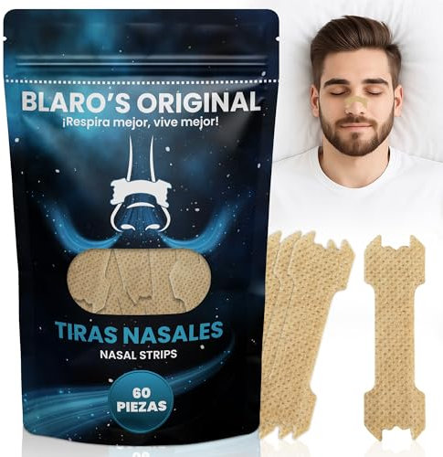 60 Tiras Nasales Antironquidos Blaro's Original | Nasal Strips para Mejorar la Respiración - Alivio de Congestión Nasal - Ideal para Dormir Sin Ronquidos y Mejorar el Rendimiento Deportivo