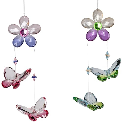 formano 2er Set Girlande Blume mit 2 Schmetterlinge 28cm Fensterdeko Hänger Bunt Hängedekoration hängend aus multifarbenem Acryl gefertigt Tiermotiv Geschenk Einzug