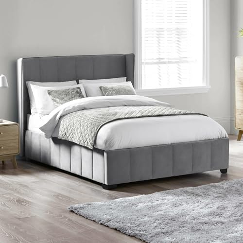 Julian Bowen Katie Bed, Double, Grey - W159 x D205cm | Modern Bed Frame, 135cm/4ft6, No Box Spring Needed, Fluted Winged Headboard, Luxurious Velvet Base