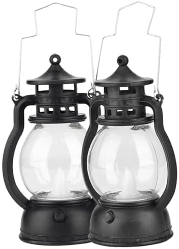 Retro LED Laterne mit Griff, 2 Stück, Schwarz, Weihnachten Feier | Kunststoff, Tragbar und Hängbar, für Tischplatten, Veranden, Lagerhallen, Halloween