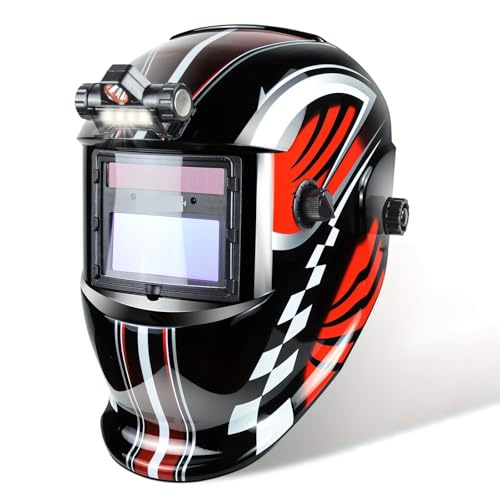 Schweißhelm Automatik, Schweisshelme Schweißhelm mit automatischer Verdunkelung und Licht, echte Farbe, for Männer, solarbetriebene Schweißhaube 2 Lichtbogensensoren, breiter Schirm, 4/9–13(HD02-TD)