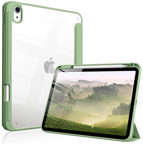 IAMKHO Case for iPad Air 11 inch, iPad Air 5th/4th Gen 10.9, Light Green | For iPad Air M4/M3/M2 Case with Pencil Holder, Auto Sleep/Wake, Slim Light Trifold Shockproof, Clear Back Cover