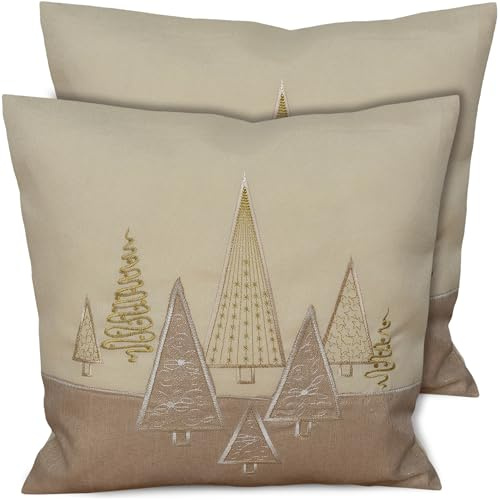 matches21 HOME & HOBBY Kissenbezug 40x40 cm Weihnachten beige mit Tannenbaum Stick - 2er Set Kissenhüllen als Weihnachtsdeko