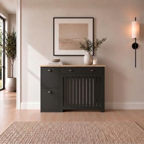 DuraTherm® Linwood Radiator Cover Black Modern Vertical Slat Shelves MDF Storage Cabinet Shelf for Radiators, Living Rooms, Bedrooms (W: 116.5cm / H: 96cm / D: 19cm)