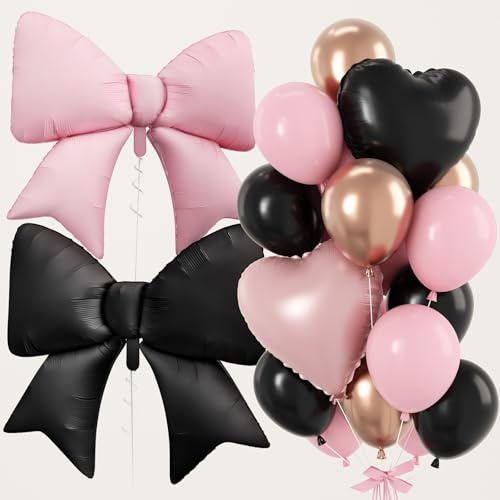 Ballons roses et noirs en latex avec nœud en forme de cœur, rose clair layette, noir et or rose métallisé avec nœud en feuille d'hélium de 96,5 cm, ballon en forme de cœur de 45,7 cm pour anniversaire
