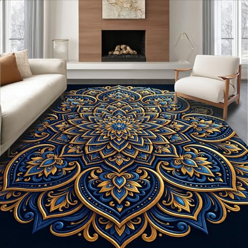 Low Pile Flatwoven Area Rug 8x10, Door Jumper with Spiral Design Adjustable Bouncer, Machine Washable, Stain Resistant Indoor Rug for Living Room, Bedroom, Non Slip(Blue, 8x10)