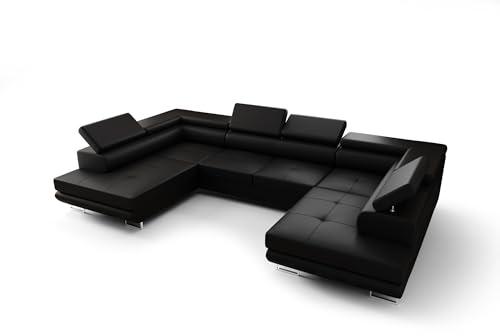 O-Sofa Wohnlandschaft Praga Design U, Eckcouch in U-Form mit Schlaffunktion, Farbe: Schwarz, Kunstleder, Ottomane Universal