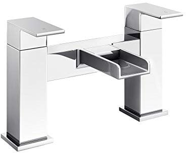 iBathUK Double Square Waterfall Bath Filler Mixer Tap, Deck Mounted with Hot and Cold Indicators, Square Bathroom Taps Pair, Chrome G3/4, Modern Square Design