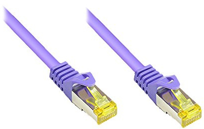 Kabelmeister® RJ45 Patchkabel mit Cat. 7 Rohkabel und Rastnasenschutz (RNS®), S/FTP, PiMF, halogenfrei, 500MHz, OFC, violett, 0,5m