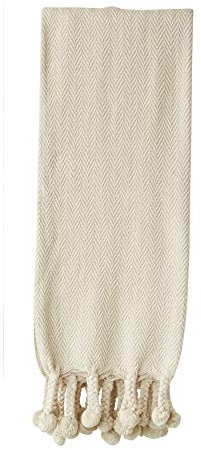 Creative Co-op Cream Cotton Throw with Poms Überwurf, Baumwolle, cremefarben