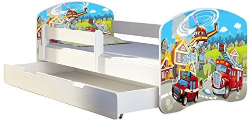 Kinderbett Jugendbett mit einer Schublade und Matratze Weiß ACMA II 140 160 180 40 Design (180x80 cm + Bettkasten, 36 Feuerwehr)