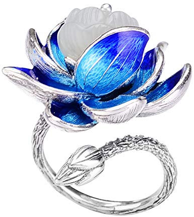 ForFox Vintage 925 Sterling Silber Blau Emaille Lotus Blume Ring Lotusblume Ring mit weiße HETIAN Jade für Damen Offen und Verstellbar