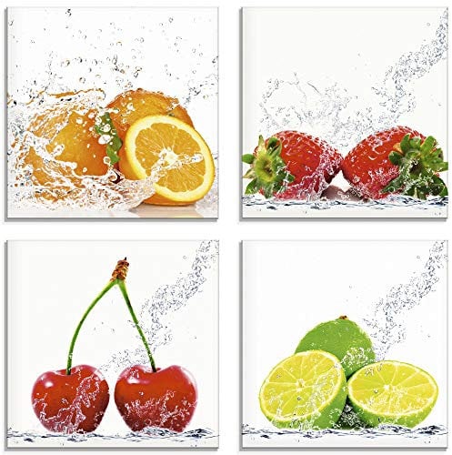 ARTland Wanddeko Glasbilder Wandbild Glas Bild Set 4 teilig je 40x40 cm Quadratisch Früchte im Wasser Obst Frucht Orange Erdbeere Kirsche Limette S6MJ