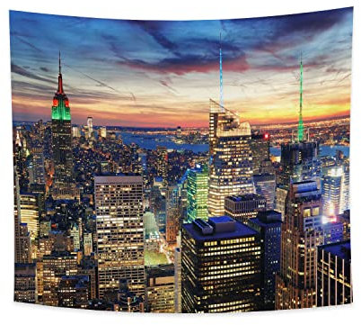 YONGFOTO 180x160cm Stadt Tapisserie, New York City Horizont Wandbehang Städtisch Wolkenkratzer Sonnenuntergang Polyesterfaser Tapisserie für Zimmer RV Behang Wohnheim Taverne Motel Wandkunst Dekor
