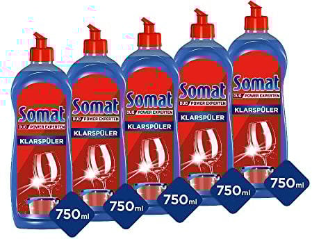 SOMAT 5in1 Klarspüler (5 x 750 ml), Spülmittel-Zusatz für schnelle Trocknung, Klarspüler für Geschirrspüler verleiht brillanten Glanz auf Gläsern, Geschirr und in der Maschine, bis zu 150 Spülgänge