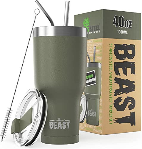 Beast Thermobecher 1050 ml - Armeegrün I Mehrweg Thermo Kaffeebecher To Go mit 2 Strohhalmen & Reinigungsbürste I Doppelwandiger Trinkbecher aus Edelstahl I Perfekt für Kaffee oder Eiskaffee