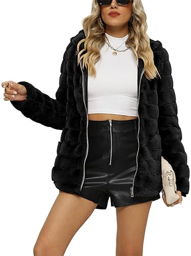 Giolshon Veste Polaire Femme Fausse Fourrure Capuche Courte Manteau 1801 Noir XXL